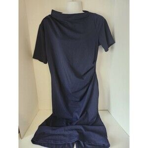 AISIZE Navy Blue Dress Womens XL High Neck Side Ruche Pencil Office Wear NWT